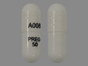 Pill A008 PREG 50 White Capsule/Oblong is Pregabalin