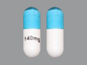 Pill 140 mg Blue & White Capsule/Oblong is Temozolomide