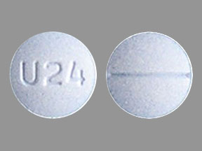 Pill U24 Blue Round is Oxycodone Hydrochloride.