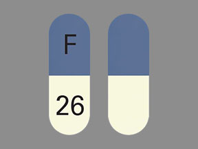 Pill F 26 Blue & White Capsule-shape is Ziprasidone Hydrochloride