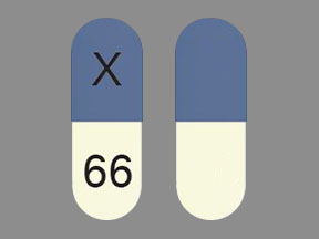 Pill X 66 Blue & White Capsule-shape is Ziprasidone Hydrochloride