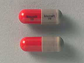 Pill BIOCRAFT 115 Gray & Red Capsule-shape is Cephalexin Monohydrate