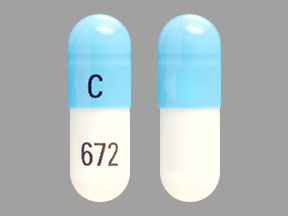 Pill C 672 Blue & White Capsule/Oblong is Tizanidine Hydrochloride