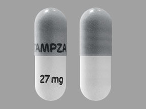 Pill XTAMPZA ER 27 mg Gray & White Capsule-shape is Xtampza ER