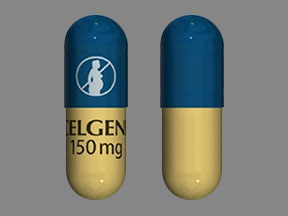 Pill CELGENE 150 mg DO NOT GET PREGNANT LOGO Blue & Brown Capsule/Oblong is Thalomid