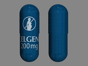 Pill CELGENE 200 mg DO NOT GET PREGNANT SYMBOL Blue Capsule/Oblong is Thalomid
