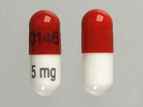 Pill 0146 5 mg Red & White Capsule/Oblong is Ramipril