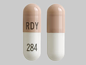 Pill RDY 284 Brown & White Capsule/Oblong is Fluoxetine Hydrochloride Delayed Release (Once-Weekly)