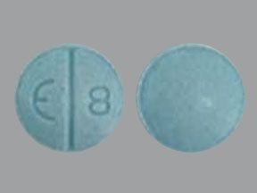 Pill E 8 Blue Round is Oxycodone Hydrochloride