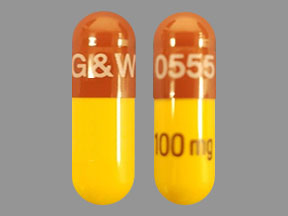 Pill G&W 0555 100 mg Brown & Yellow Capsule-shape is Doxycycline Monohydrate