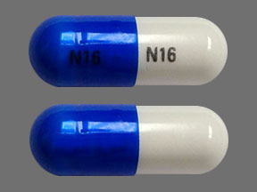 Pill N16 Blue & White Capsule/Oblong is Phentermine Hydrochloride