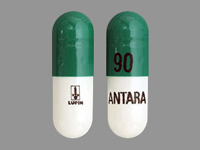 Pill LUPIN ANTARA 90 Green & White Capsule-shape is Antara
