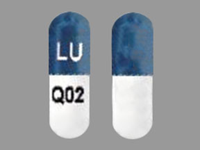 Pill LU Q02 Blue & White Capsule/Oblong is Duloxetine Hydrochloride Delayed-Release