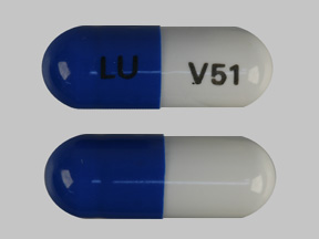 Pill LU V51 Blue & White Capsule/Oblong is Ziprasidone Hydrochloride