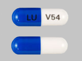 Pill LU V54 Blue & White Capsule/Oblong is Ziprasidone Hydrochloride