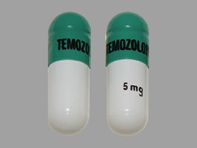 Pill TEMOZOLOMIDE 5 mg Green & White Capsule-shape is Temozolomide