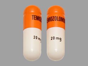 Pill TEMOZOLOMIDE 20 mg Orange & White Capsule-shape is Temozolomide