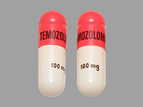 Pill TEMOZOLOMIDE 100 mg Red & White Capsule-shape is Temozolomide