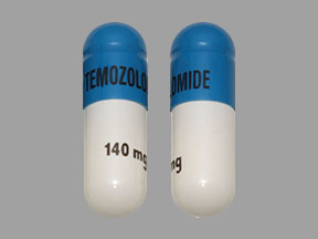 Pill TEMOZOLOMIDE 140 mg Blue & White Capsule/Oblong is Temozolomide