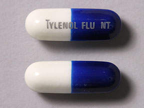 TYLENOL FLU NT -pilleri on Tylenol Flu Night Time Maksimivahvuus asetaminofeeni 500 mg / difenhydramiini 25 mg / pseudoefedriini 30 mg