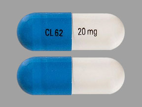 Pill CL62 20  mg Blue & White Capsule/Oblong is Ziprasidone Hydrochloride