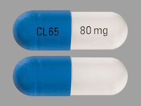 Pill CL65 80  mg Blue & White Capsule/Oblong is Ziprasidone Hydrochloride