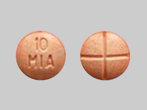 Pill 10 MIA Peach Round is Dextroamphetamine Sulfate