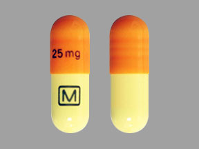 Pill M 25 mg White & Yellow Capsule/Oblong is Clomipramine Hydrochloride