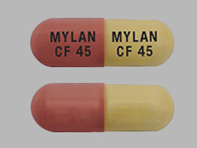 Pill MYLAN CF 45 MYLAN CF 45 Pink & Yellow Capsule-shape is Fenofibric Acid Delayed-Release