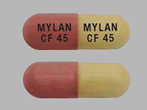 Pill MYLAN CF 45 MYLAN CF 45 Pink & Yellow Capsule/Oblong is Fenofibric Acid Delayed-Release