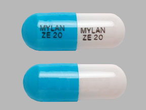 Pill MYLAN ZE 20 MYLAN ZE 20 Blue & White Capsule-shape is Ziprasidone Hydrochloride