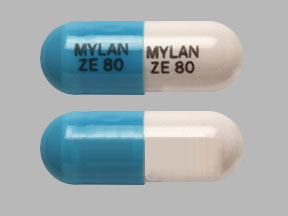 Pill MYLAN ZE 80 MYLAN ZE 80 Blue & White Capsule/Oblong is Ziprasidone Hydrochloride