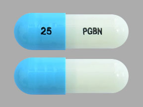 Pill 25 PGBN Blue & White Capsule-shape is Pregabalin