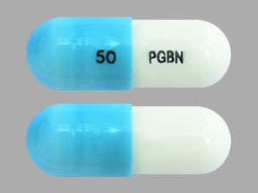 Pill 50 PGBN Blue & White Capsule/Oblong is Pregabalin