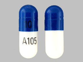 Pill 10 A105 Blue & White Capsule-shape is Fluoxetine Hydrochloride