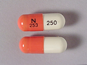 Pill 250 N 253 Orange & White Capsule/Oblong is Cefaclor