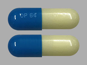 Pill OP64 OP64 Blue & Yellow Capsule/Oblong is Vancomycin Hydrochloride