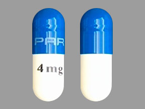 Pill 4 mg PAR Blue & White Capsule/Oblong is Tizanidine Hydrochloride