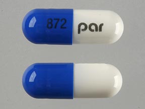 Pill 872 par Blue & White Capsule/Oblong is Fluoxetine Hydrochloride