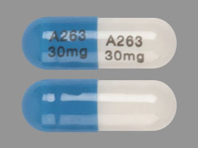 Pill A263 30 mg A263 30 mg Blue & White Capsule/Oblong is Lansoprazole Delayed-Release