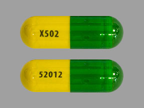 Pill X502 52012 Green & Yellow Capsule/Oblong is Rheumate