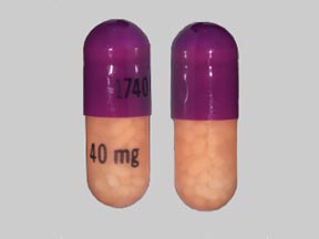 Pill 1740 40 mg Peach & Purple Capsule-shape is Omeprazole Delayed Release