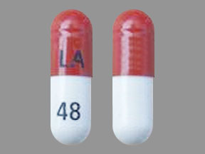 Pill LA 48 Red & White Capsule/Oblong is Pregabalin