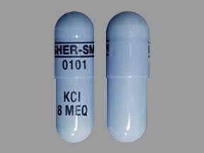 Pill UPSHER-SMITH 0101 KCl 8 MEQ Blue Capsule/Oblong is Klor-Con Sprinkle