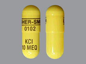 Pill UPSHER-SMITH 0102 KCl 10 MEQ Yellow Capsule/Oblong is Klor-Con Sprinkle