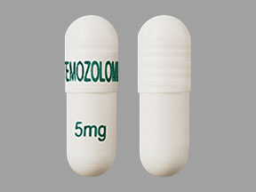 Pill TEMOZOLOMIDE 5 mg White Capsule-shape is Temozolomide