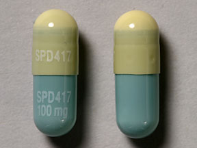 Pill SPD417 SPD417 100 mg Green & Yellow Capsule/Oblong is Equetro