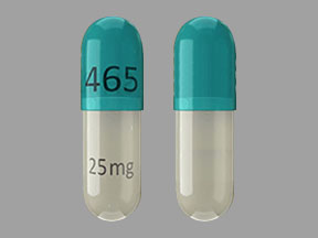 Pill SHIRE 465 25 mg Green & White Capsule/Oblong is Mydayis