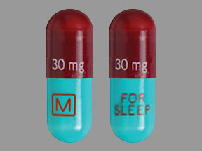 Pill 30 mg 30 mg M FOR SLEEP Blue Capsule/Oblong is Temazepam