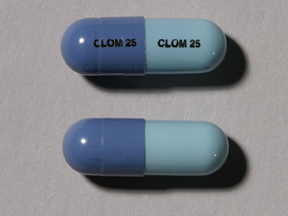 Pill CLOM 25 CLOM 25 Blue Capsule/Oblong is Clomipramine Hydrochloride